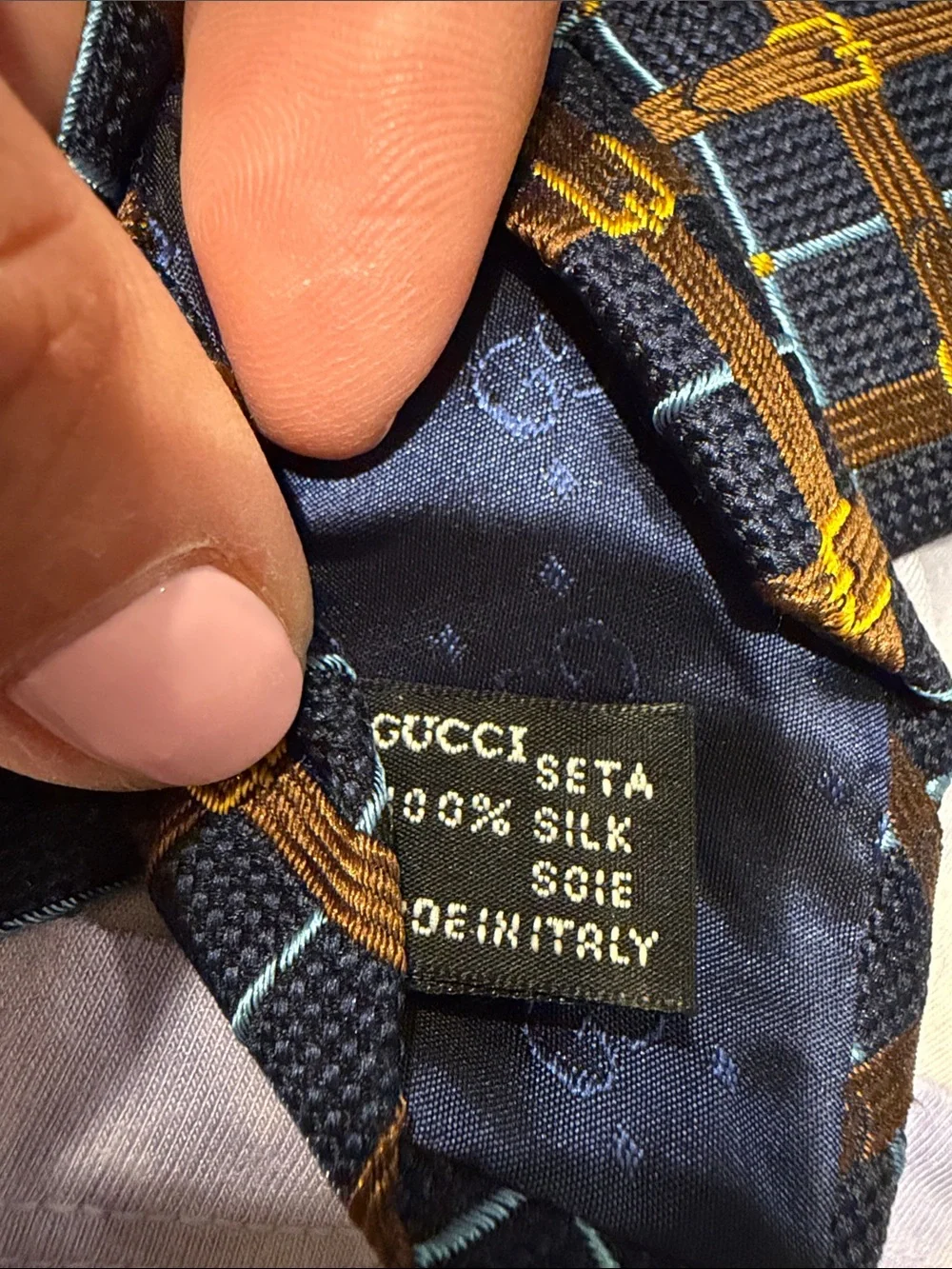 Gucci Navy and Orange Grid Silk buckles pattern Tie